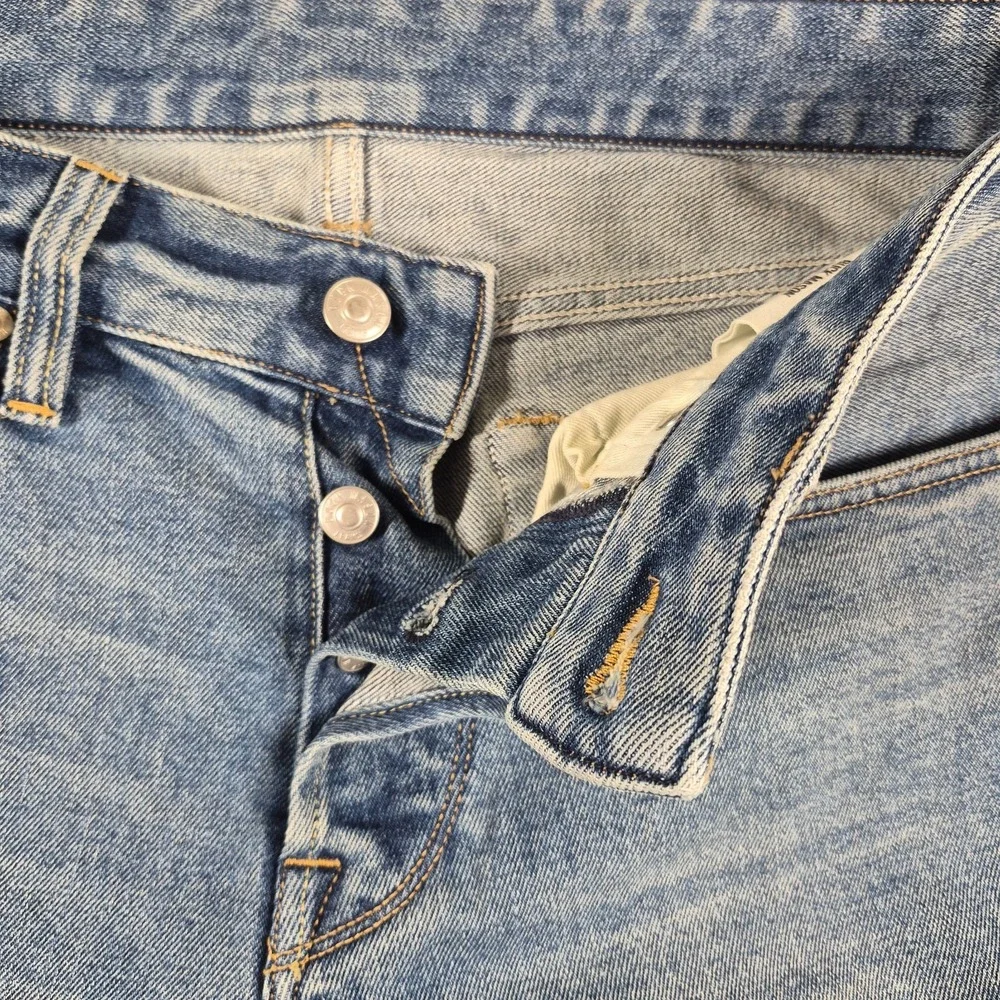 Buck Mason Ford Standard Jeans Men's 31x34 Blue Denim Raw Hem Button Fly Casual